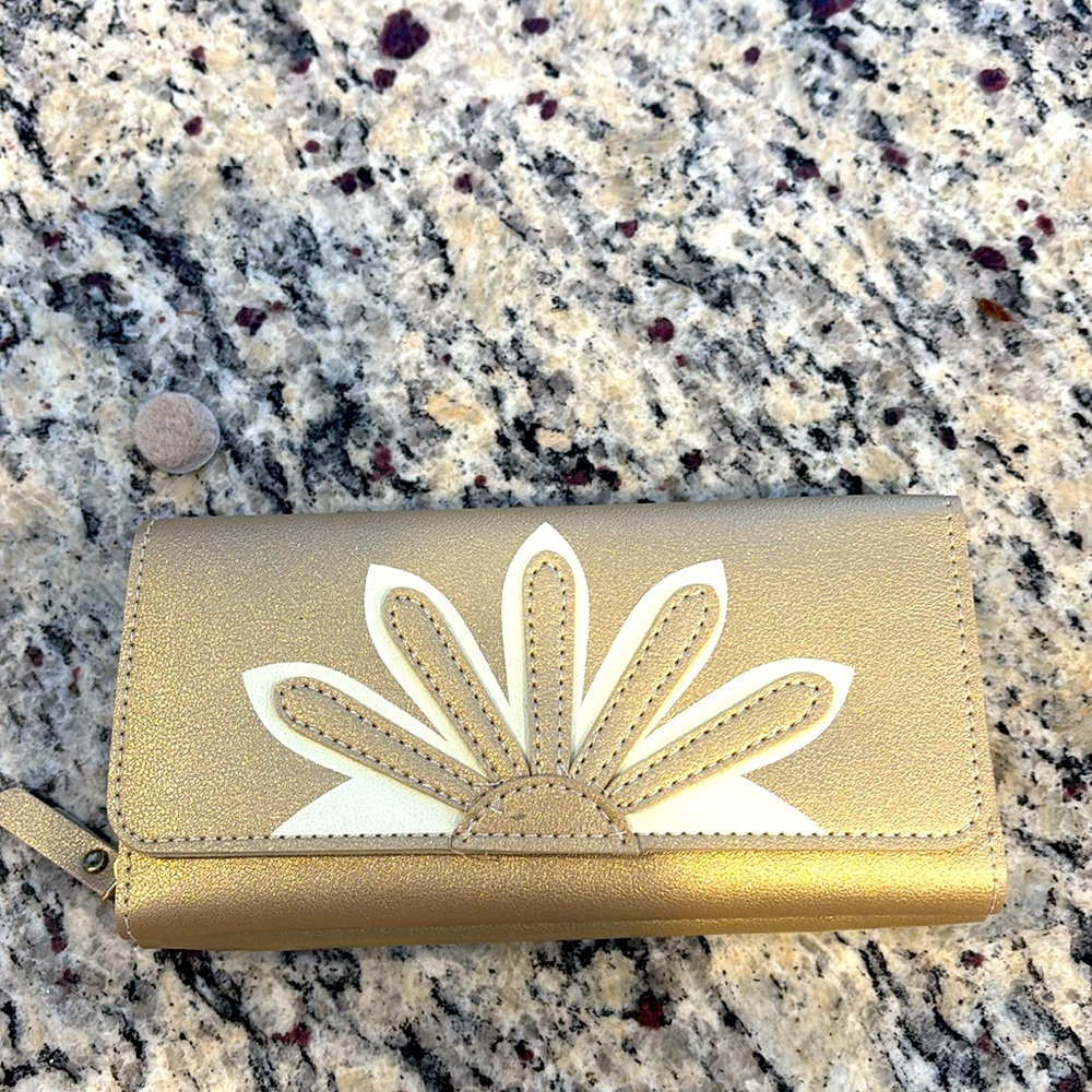 Krazy Kat gold flower vegan leather 10 card slot trifold wallet